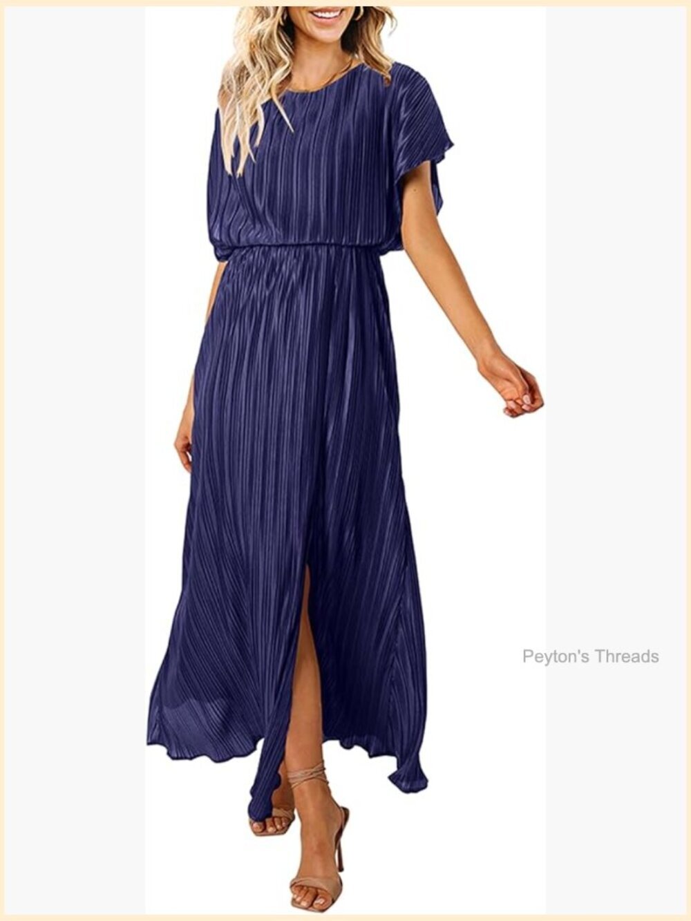 Women's Summer Crewneck Short Sleeve Ruffle Maxi Dress with Slit